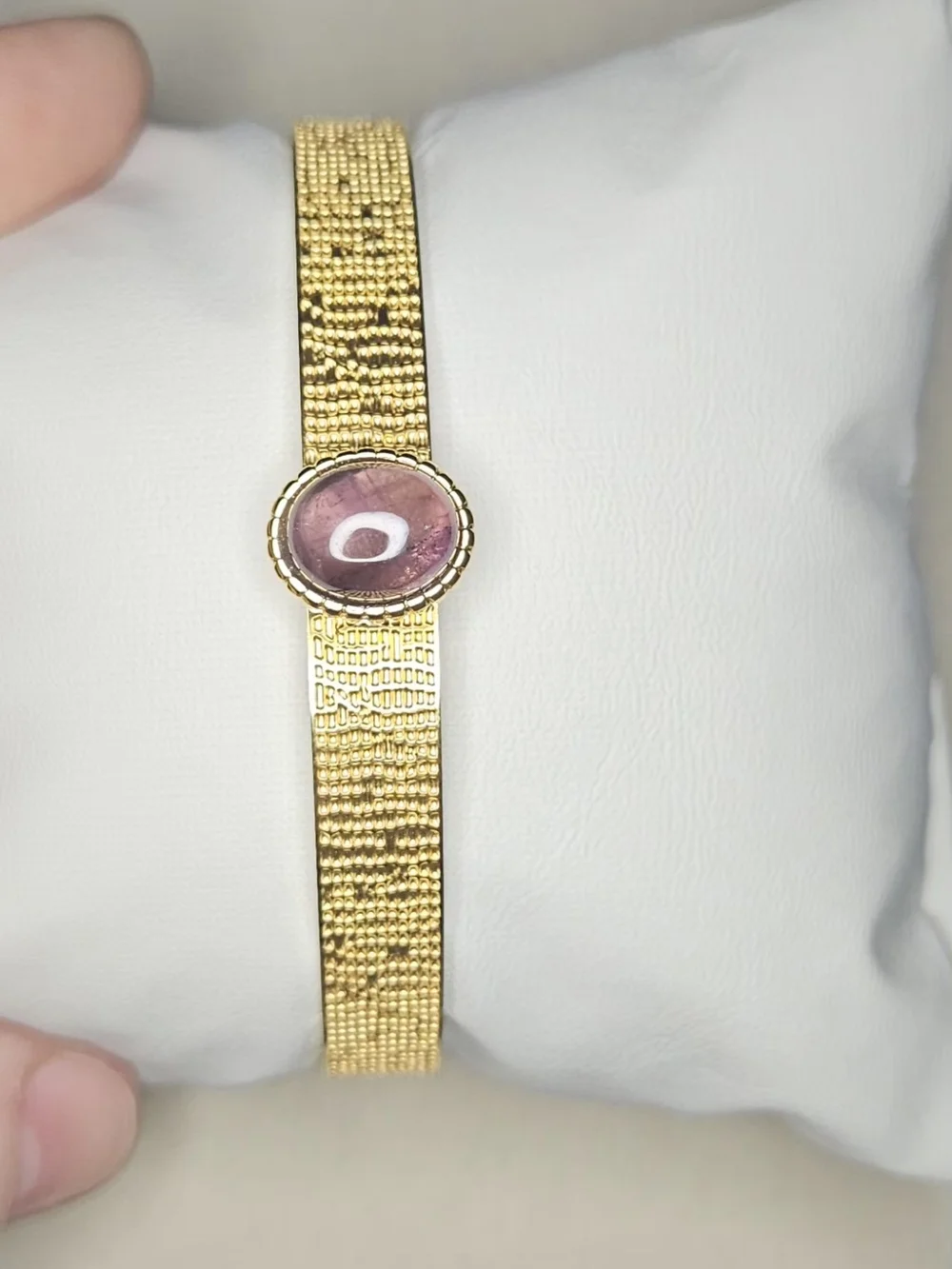 Gold Tone Stainless Steel Open Cuff Bracelet with Purple Gemstone Center